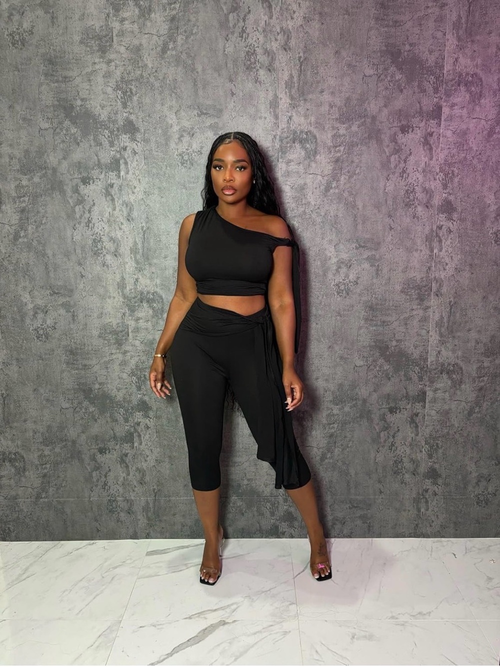 One-Shoulder Black Crop Top & Wrap Capri Jumpsuit